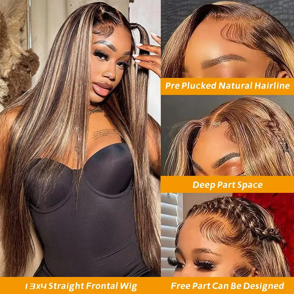 28 pouces 13x4 droite mettre en évidence perruque brésilienne cheveux humains 200% densité 4/27 coul