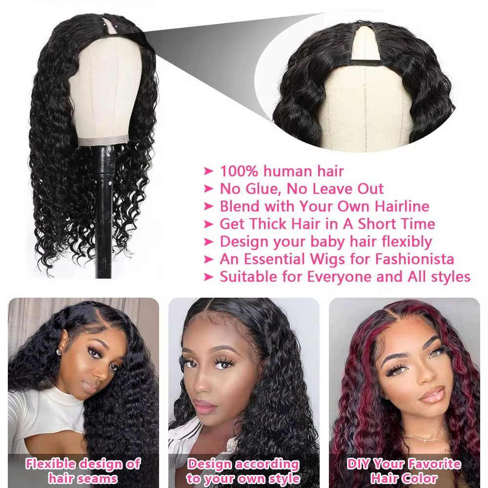 Perruque de cheveux humains bouclés profonds avec partie en V, sans laisser, perruques brésiliennes 