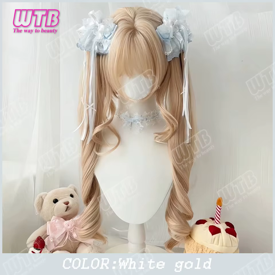 WTB Perruque synthétique Lolita avec deux queues de cheval et frange, queues de cheval détachables, 