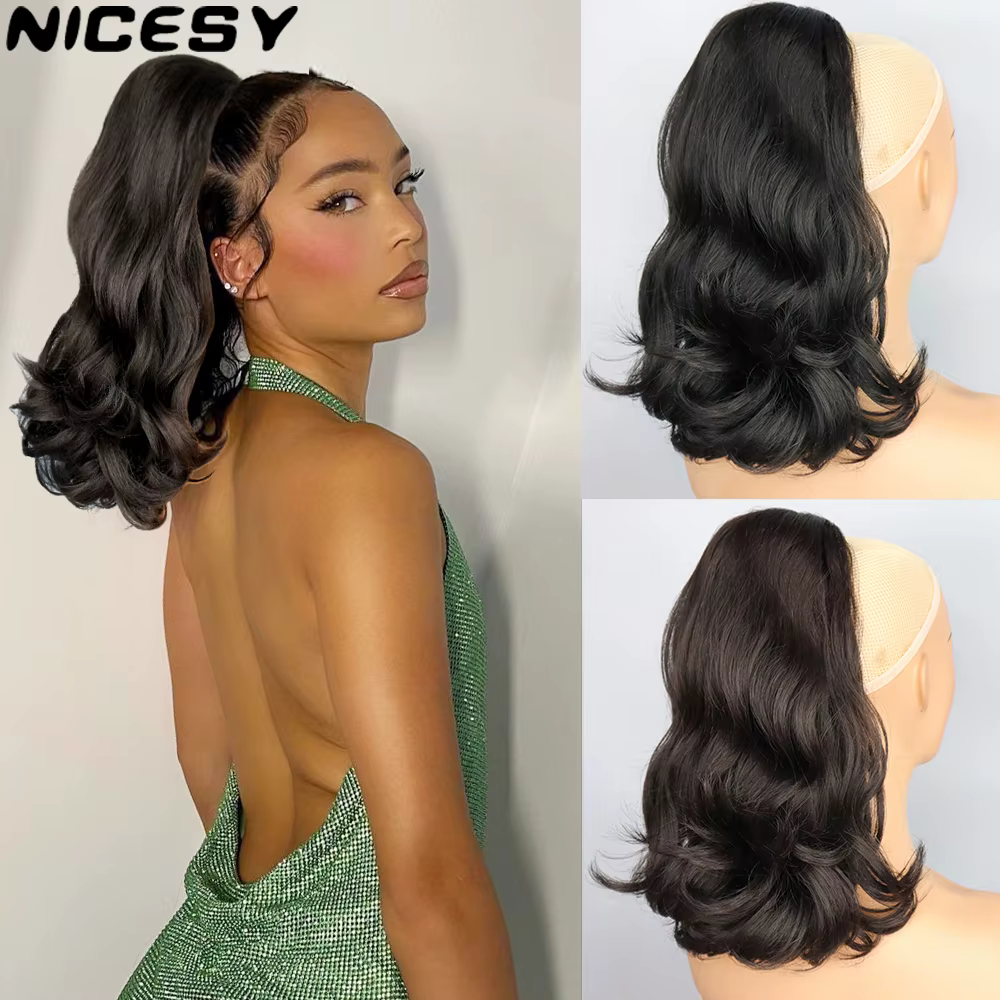 NICESY-Postiche queue de cheval bouclée noire pour femme, extension de cheveux synthétiques, Kinky P