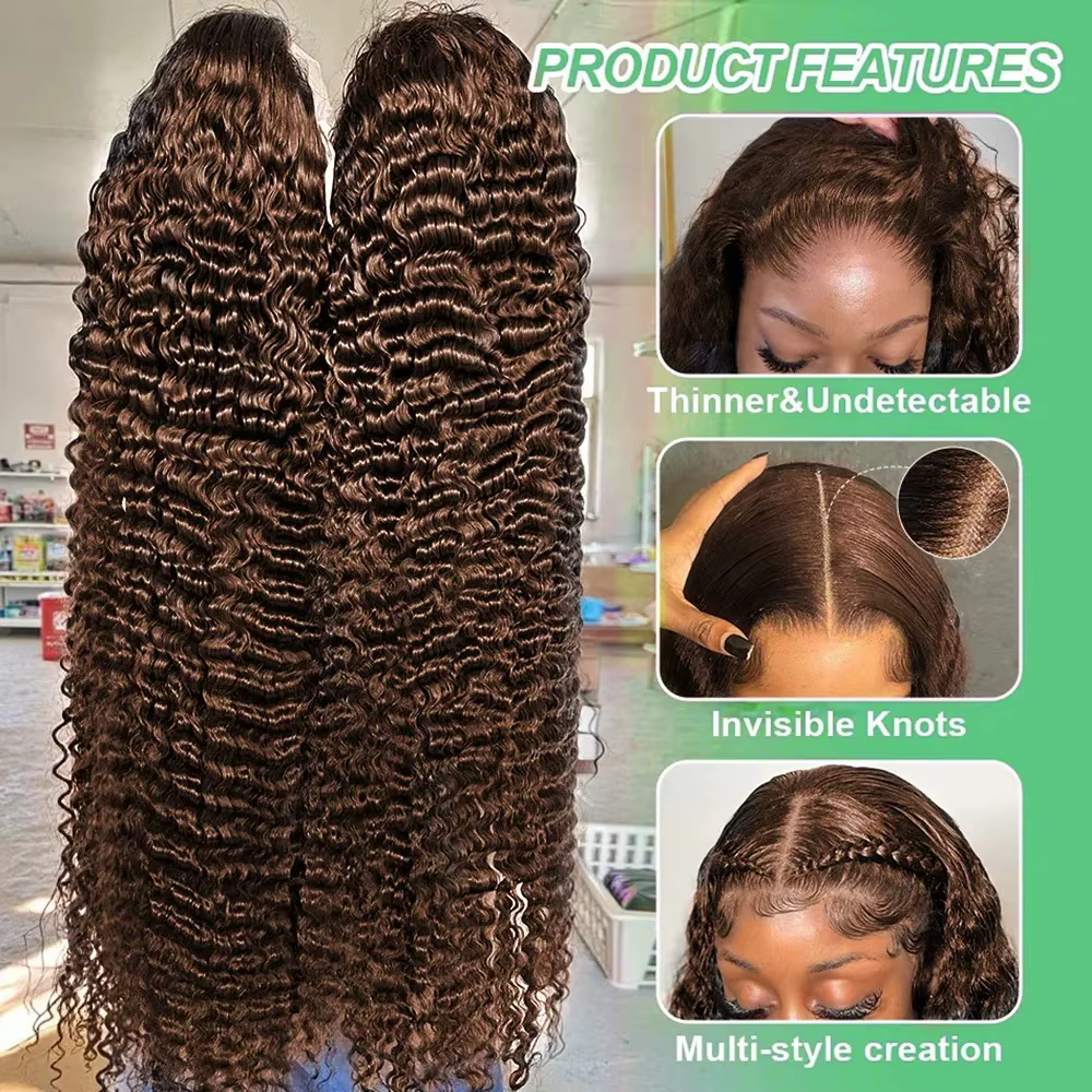 Perruque Lace Front HD 13x6 en Cheveux Humains, Densité 250%, Brun Chocolat, Bouclée Profonde, Ondul