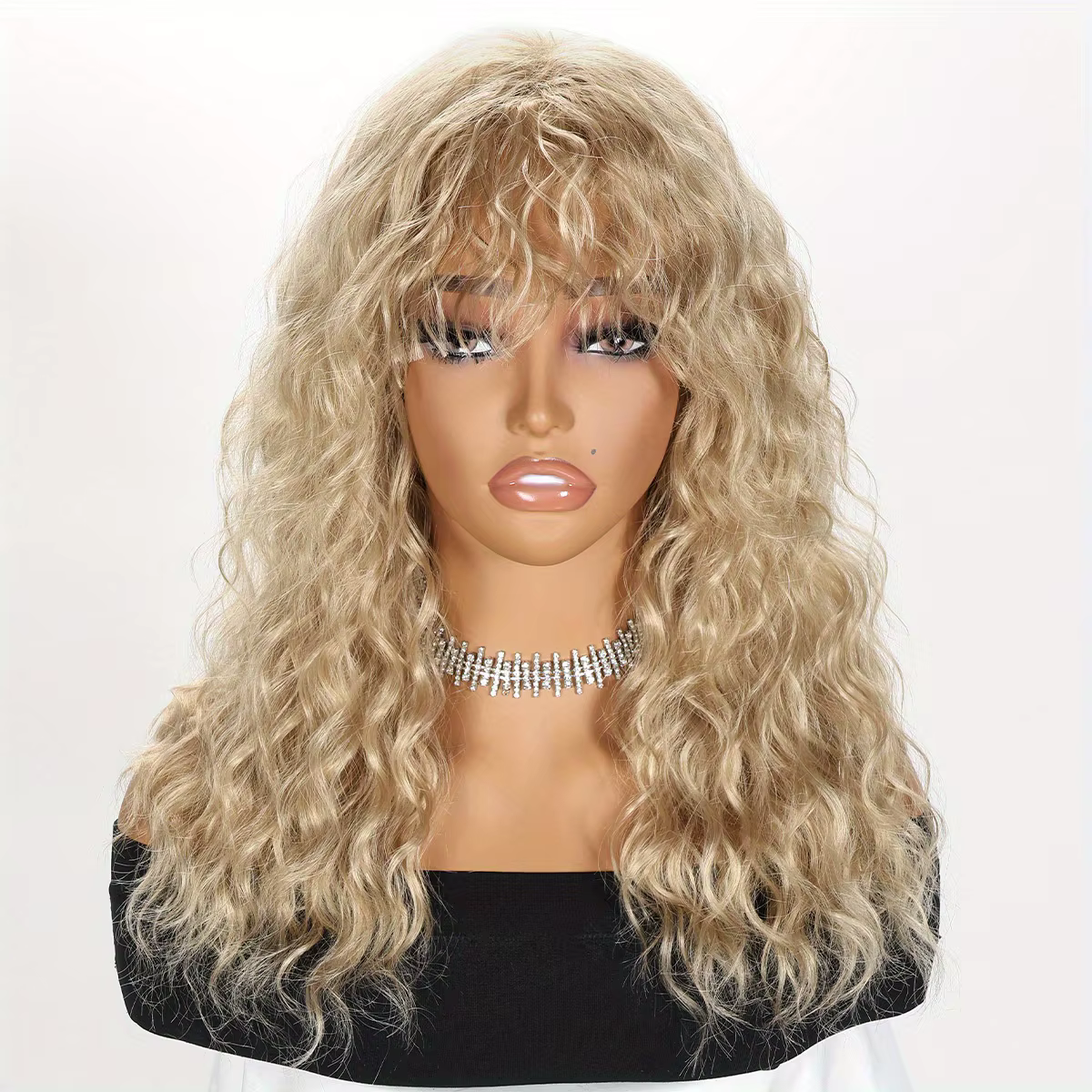 Perruque longue bouclée ondulée dorée pour femme avec frange, perruque complète en fibre synthétique