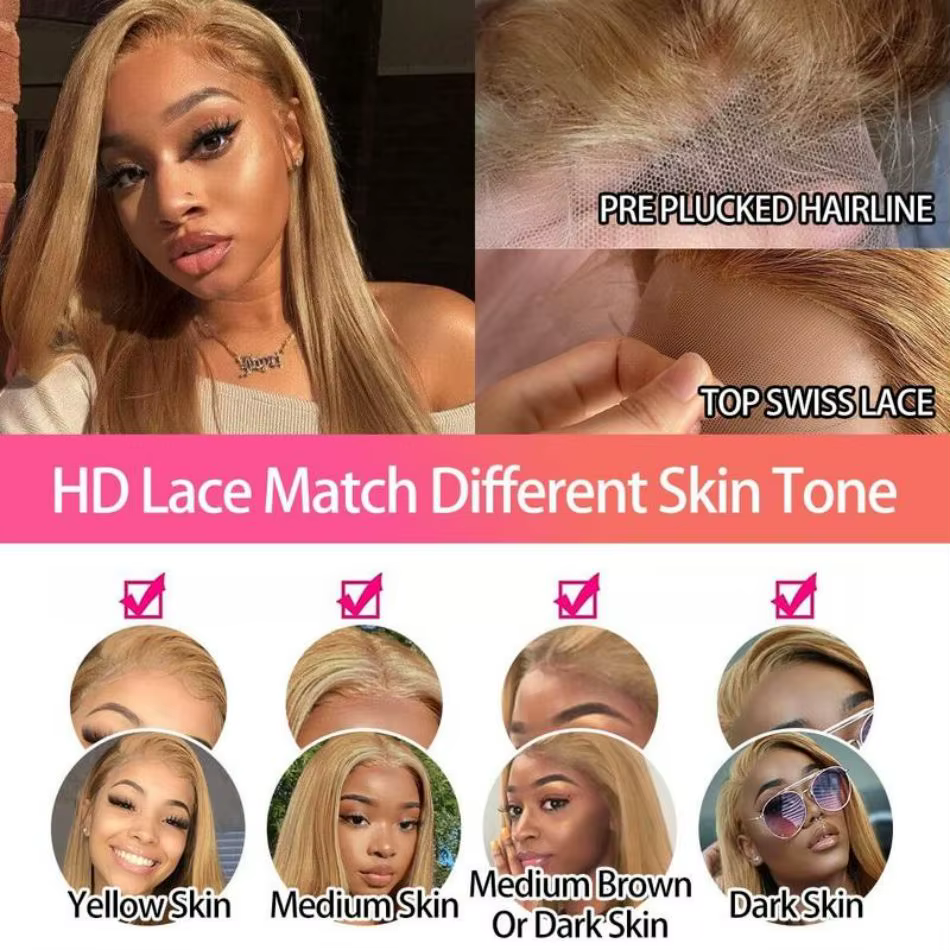 Perruques de cheveux humains lisses blond miel 27, colorées, avec dentelle frontale HD 13x6, perruqu