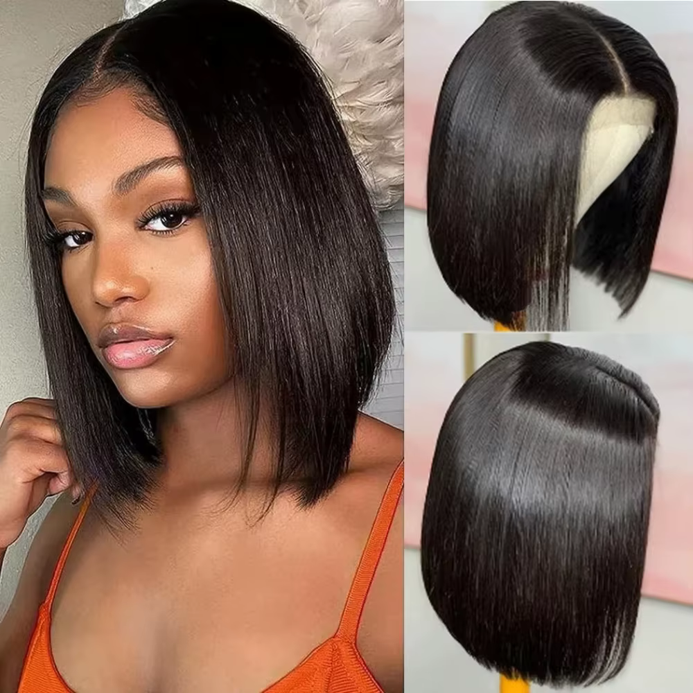 Perruque Lace Front 13x4 Brésilienne Courte Bob Lisse Noir Naturel 8-14 Pouces Sans Colle Douce Épai