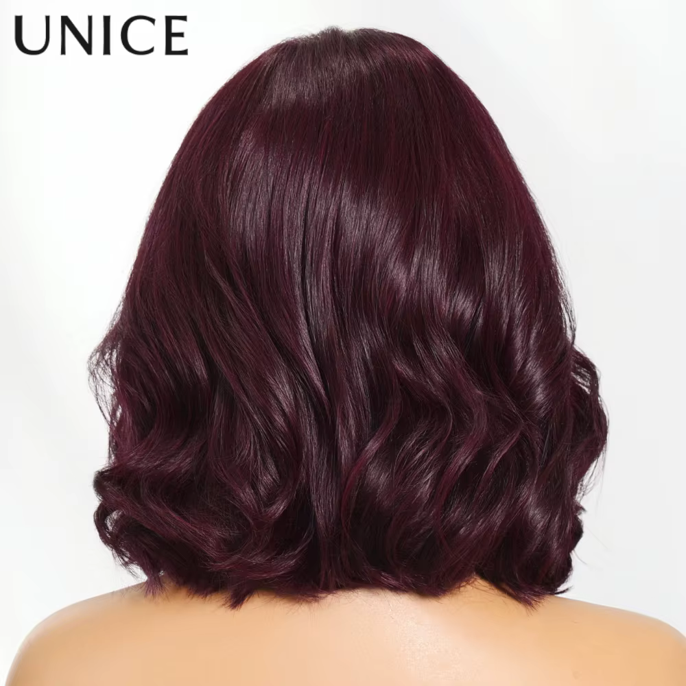 Perruque Bob ondulée UNice 7x5 Lace No-Slip Cap Black Cherry avec couches encadrant le visage, sans 