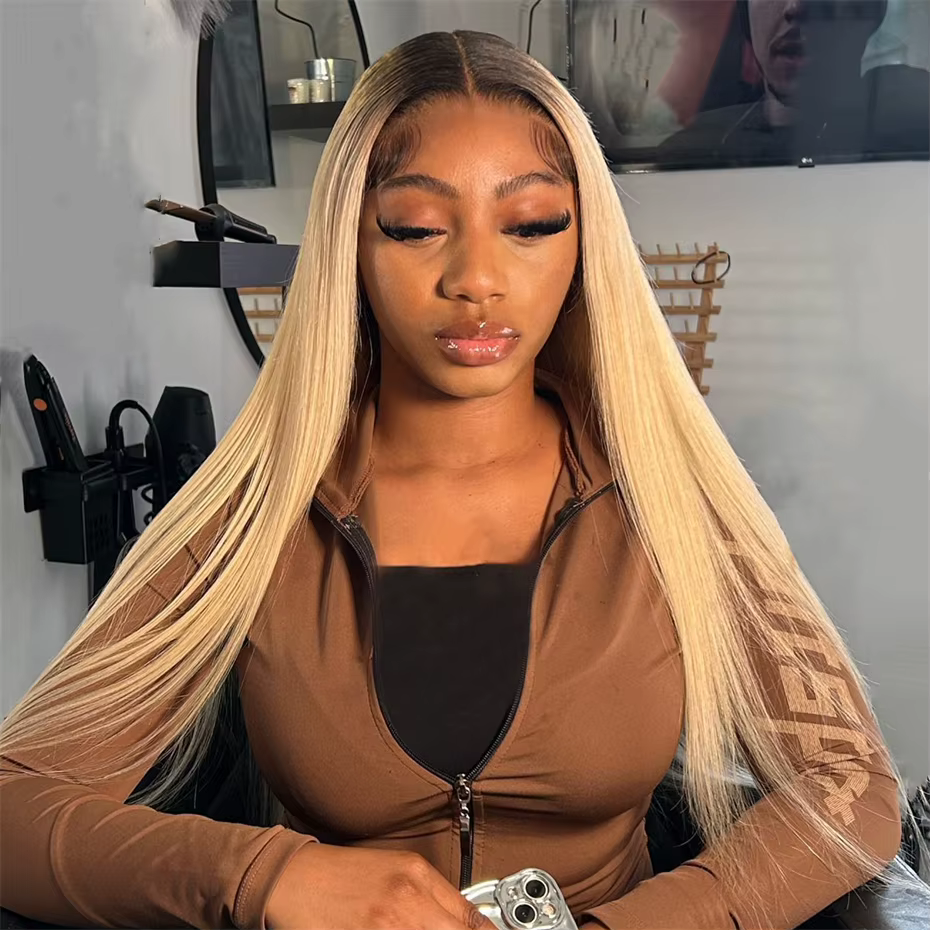 Perruque Lace Frontale 13x6 en Cheveux Humains, Couleur Ombré Blond 1B613, Pré-épilée, Lisse Baguett