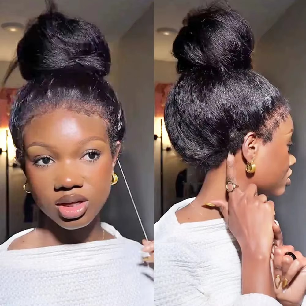 Crépus droite Invisible sangle 360 pleine Hd dentelle frontale perruque de cheveux humains Yaki droi