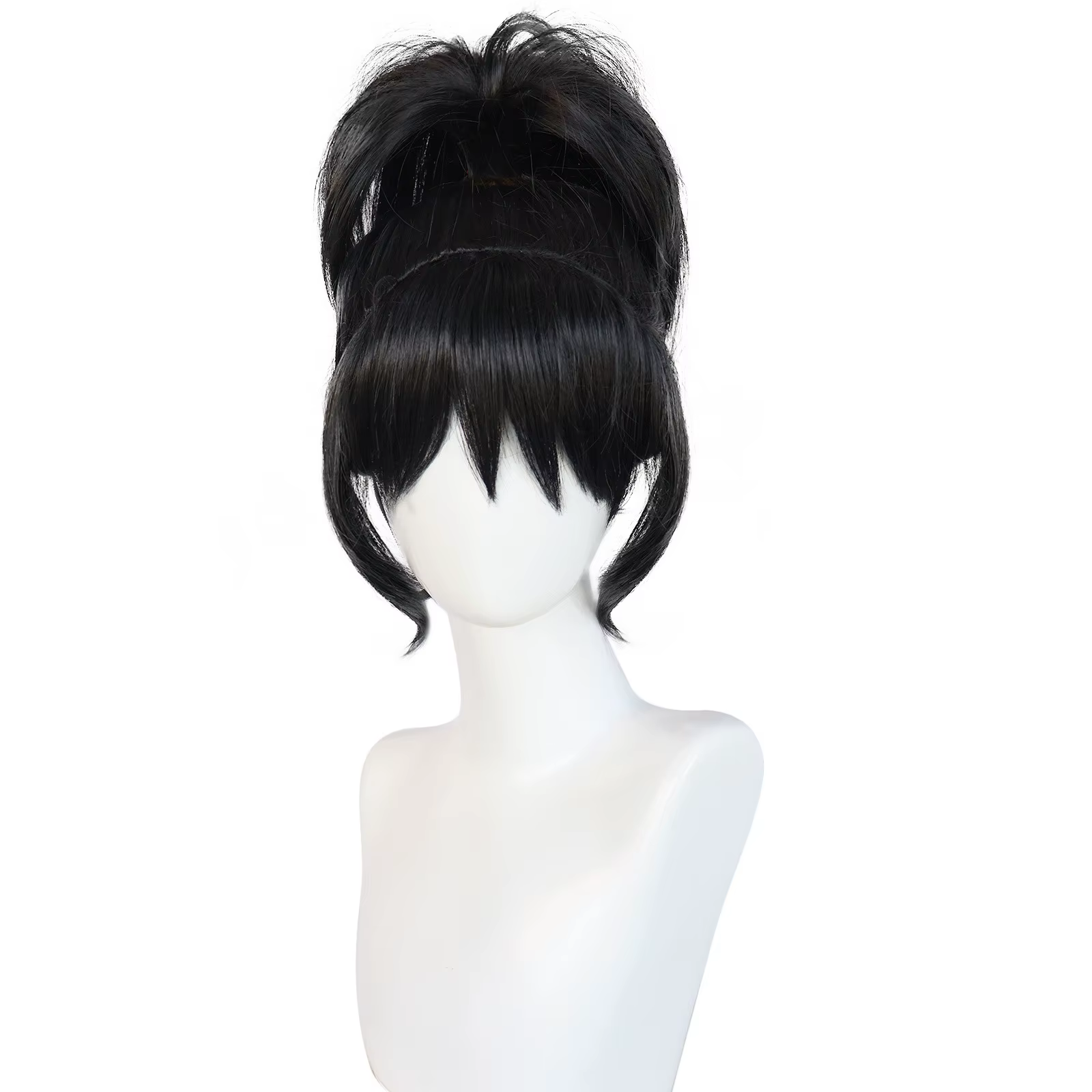 Perruque Lydia Deetz pour cosplay avec voile, perruque noire ondulée, chignon, collier ras du cou, m