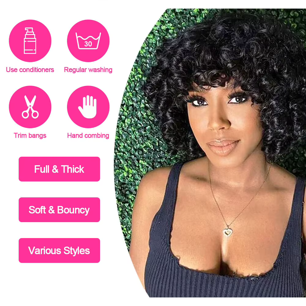 300% haute densité oeuf Curl coupe lutin perruque cheveux humains avec frange vague d'eau courte Bob