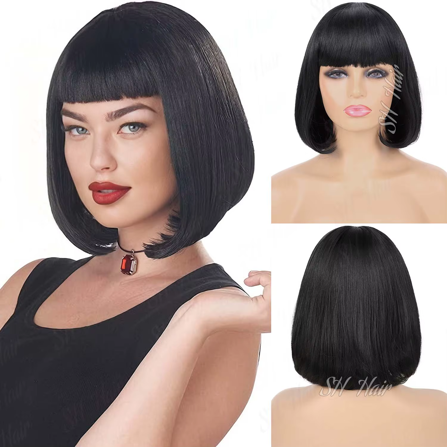 Perruques synthétiques noires Bob pour femmes, perruque résistante à la chaleur avec frange pour fêt