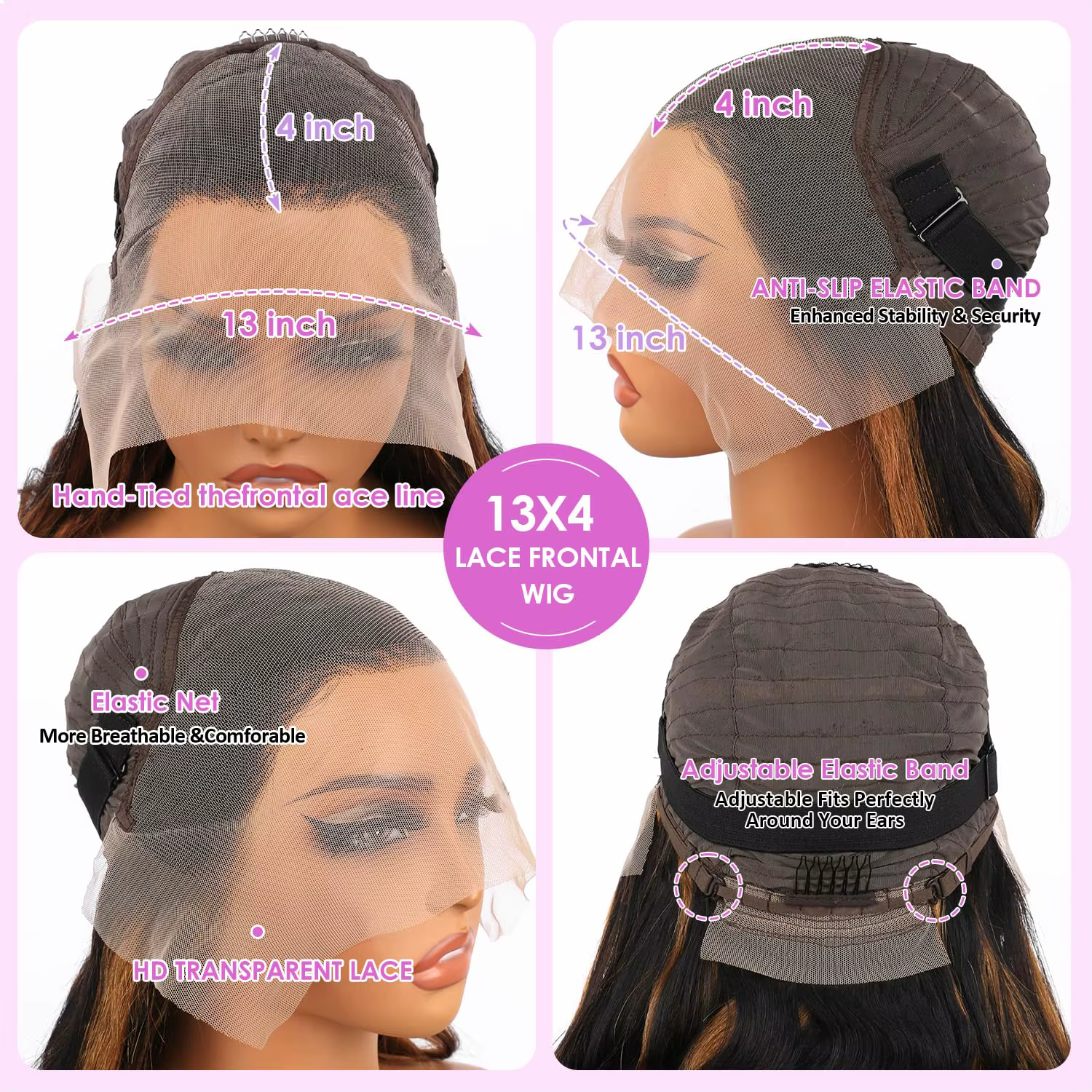 Perruque Lace Front Ombrée avec Mèches, Cheveux Humains, 13x4 HD, Ondulée, Densité 200, Couleur P1B/