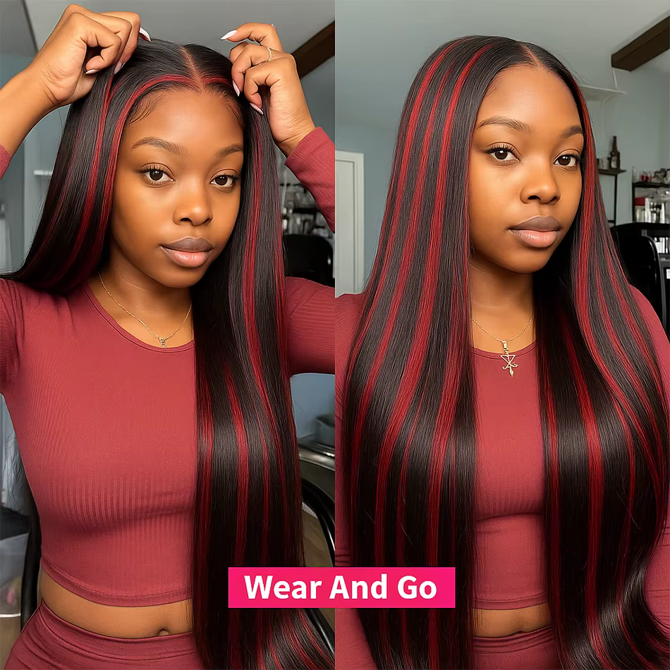 200% amélioré 1B/99J noir avec os rouge droite 5x5 mettre en évidence perruque cheveux humains brési