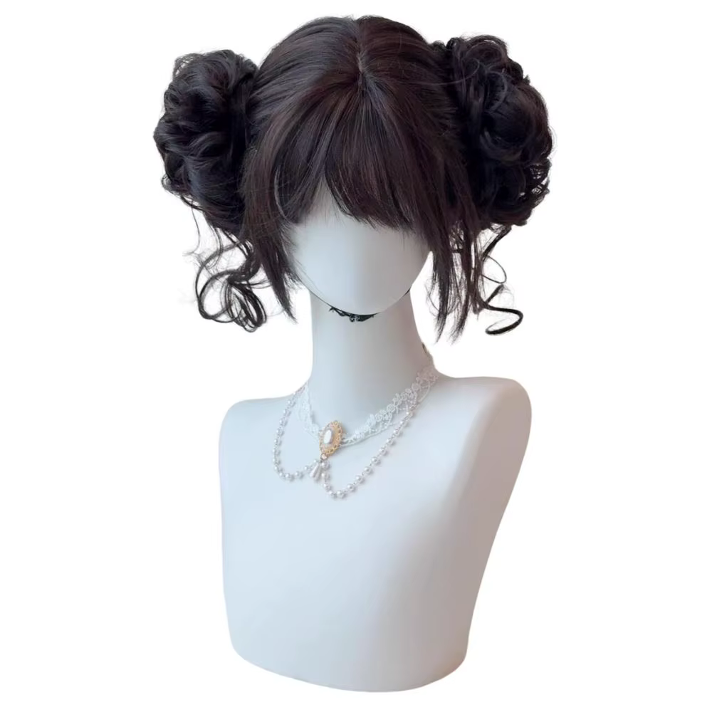 Perruque de Cosplay Double chignons mignons pour femmes et filles, perruques noires courtes de jeu d