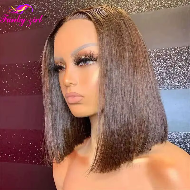Perruque Bob Lace Frontal Wig naturelle brésilienne Remy, cheveux courts bruns, 13x4, lisses, couleu