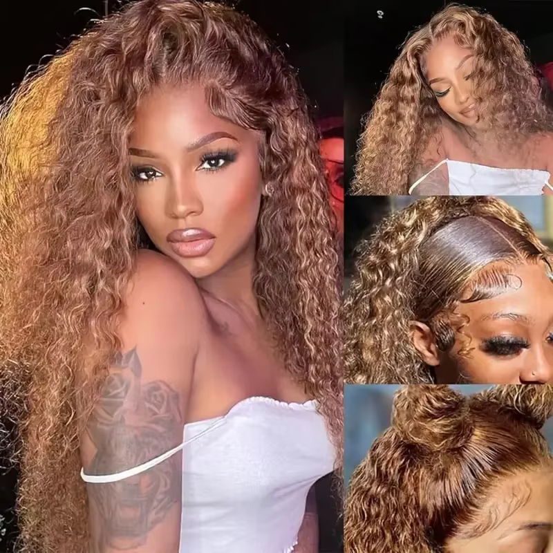 Perruque bouclée 4/27 en cheveux humains, pré-épilée, perruque frontale 360 Full Lace HD en cheveux 