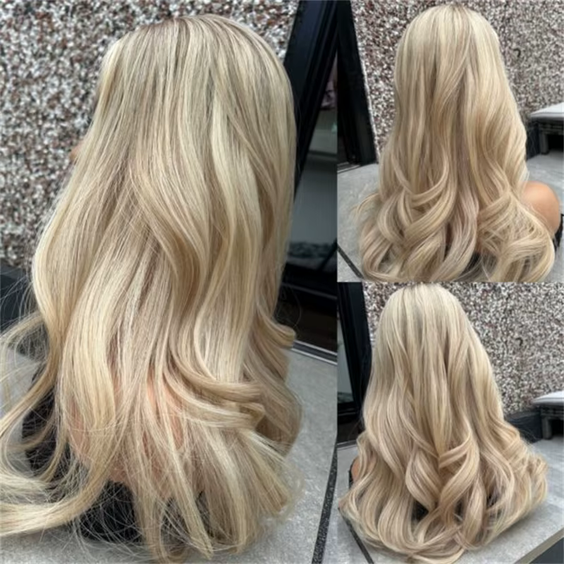 Perruque synthétique 13x4 Ombré Blond Doré Clair avec dentelle HD invisible, longue et ondulée, douc