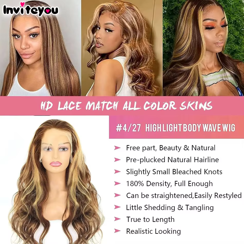 Perruque Lace Frontale 13x4 13x6 HD Highlight Body Wave pour Femme, Cheveux Humains Remy Ombrés P4/2