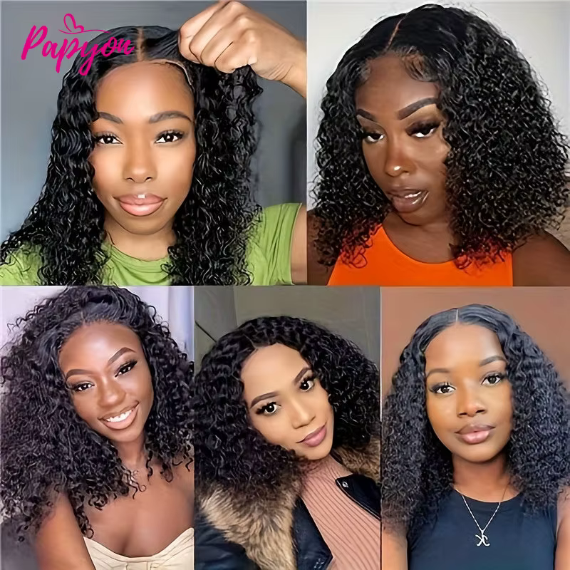 200% Density Perruque Bob Bouclé Water Wave Sans Colle Pour Femme de Fermeture en Bouclée Dentelle