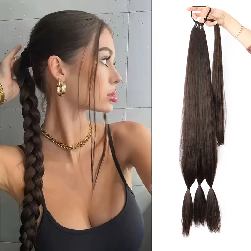 30 pouces synthétique longue droite bricolage pré tresse queue de cheval Extension de cheveux élasti