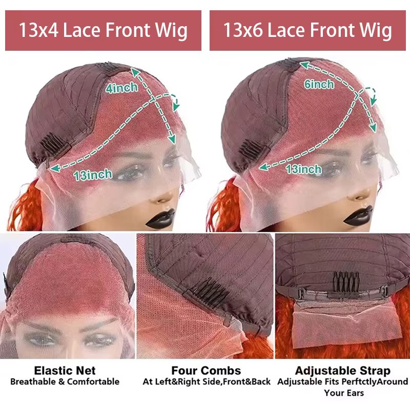 Perruque Lace Front Wig 350 naturelle brésilienne, cheveux humains, Deep Curly, couleur orange, 13x4