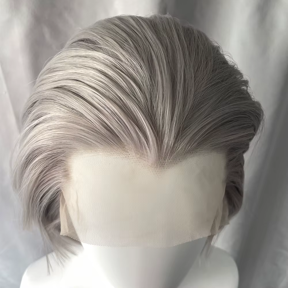 Widow‘s Peak Perruques synthétiques gris moyen pour hommes, perruques Lace Front 13x4, coupe courte