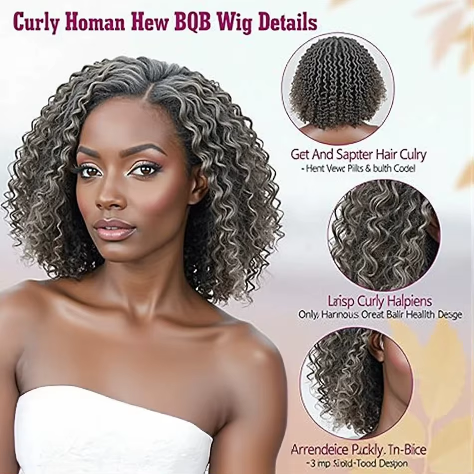 Perruques courtes bouclées en cheveux humains couleur sel et poivre, perruques bob bouclées profonde