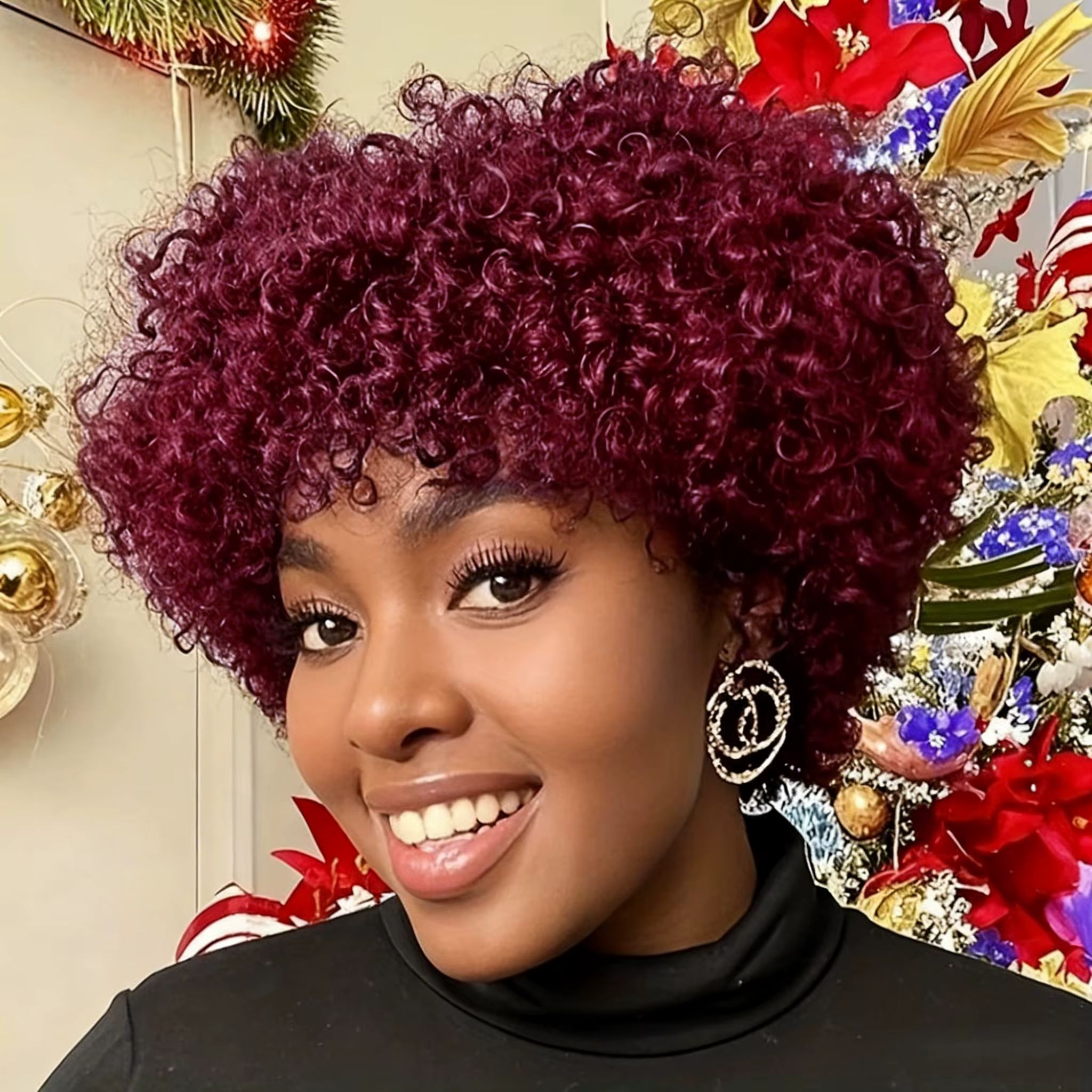 Perruque de cheveux humains naturel Afro crépus bouclés coupe de lutin avec frange postiche bouclée