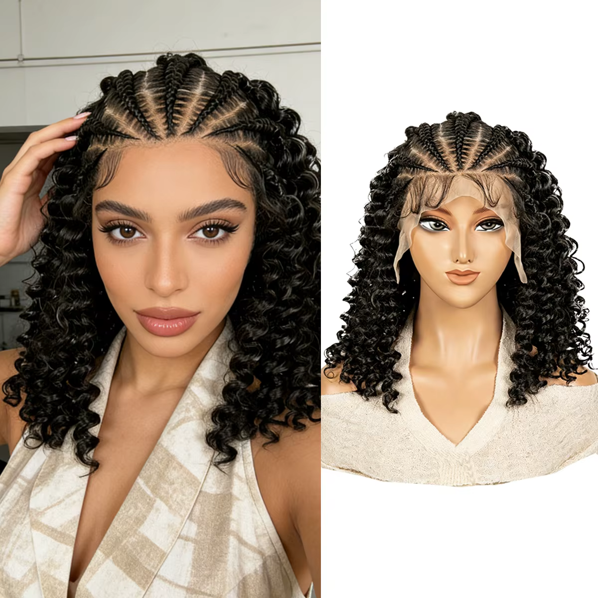 Perruque bouclée tressée style cornrow de 16 pouces avec dentelle HD 13x4, sans colle, pré-épilée, p