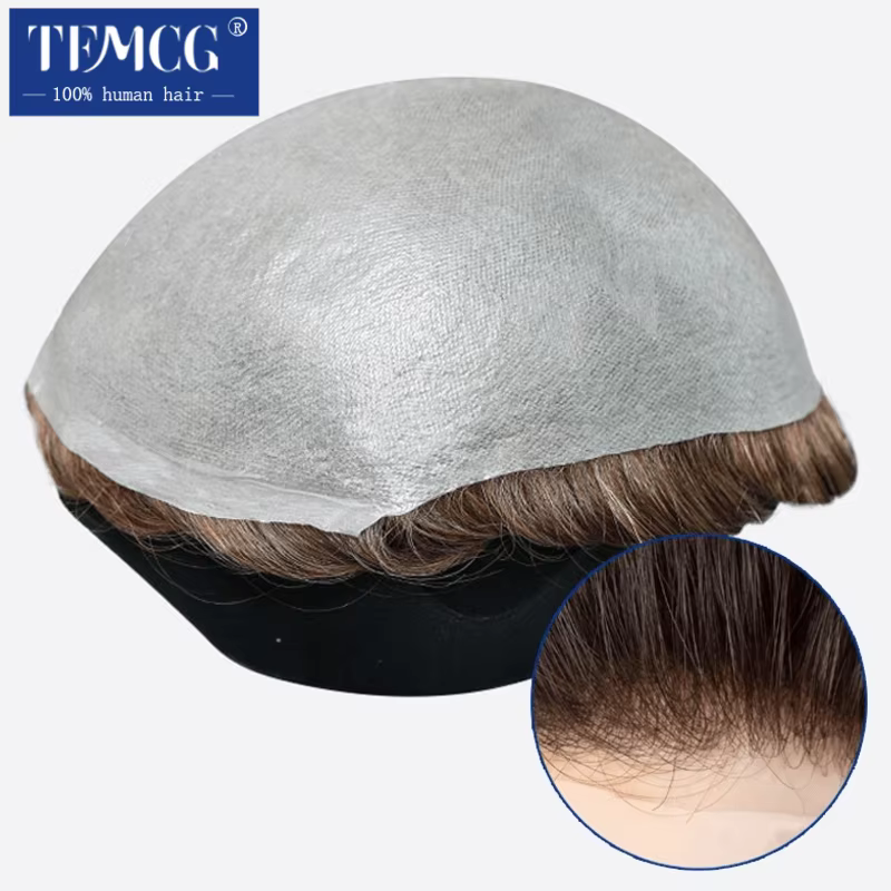 Toupet hommes ligne de cheveux Invisible avec peau Ultra mince 0.03mm prothèse de cheveux masculins