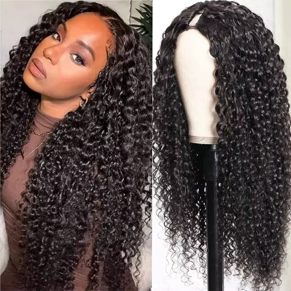 Perruque de cheveux humains bouclés profonds avec partie en V, sans laisser, perruques brésiliennes