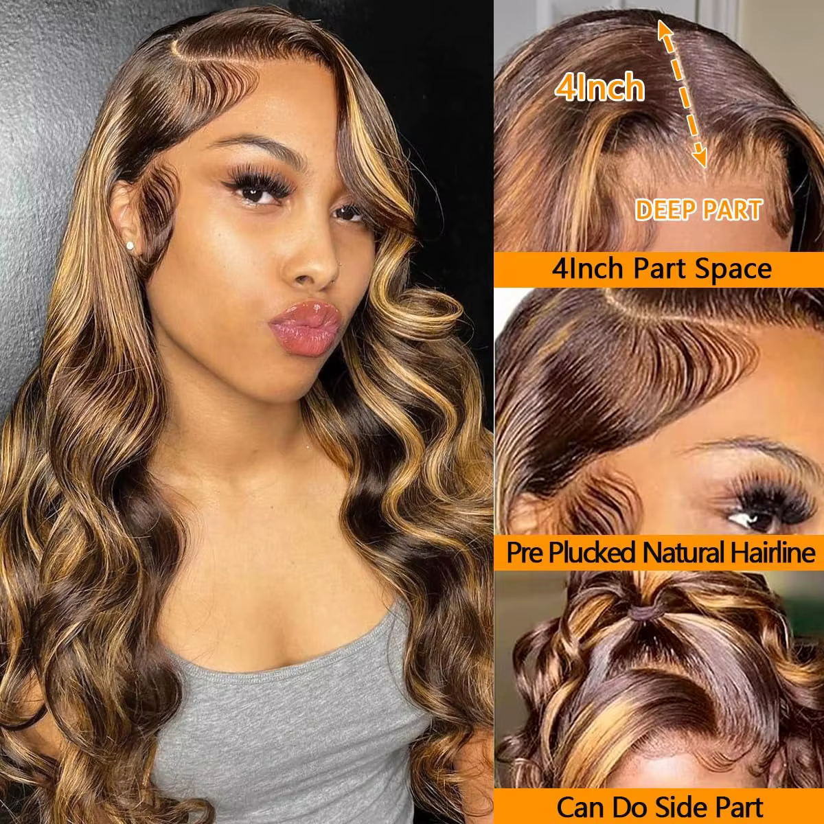 30 pouces miel blond Ombre 13X4 HD dentelle avant perruque cheveux humains mettre en évidence vague 