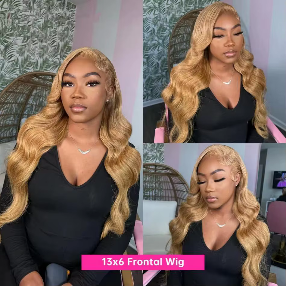 Perruque Lace Front Wig Body Wave brésilienne naturelle, cheveux humains, couleur blond miel, 13tage