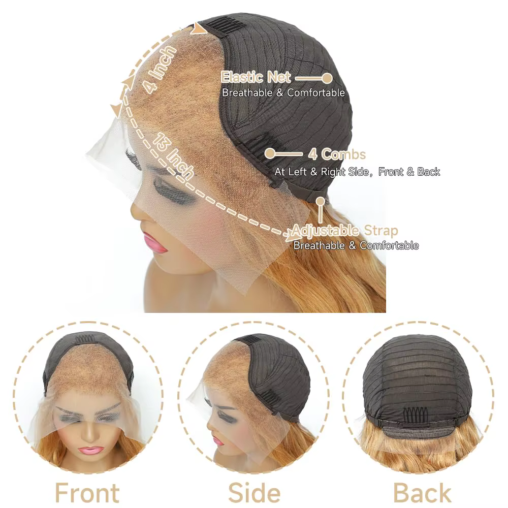Perruque de cheveux humains avant de dentelle blond miel 13x6 HD 210% densité vague de corps perruqu