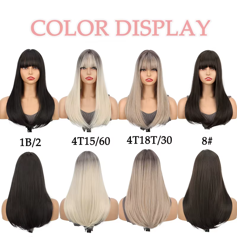 Extensions de cheveux synthétiques à clips avec frange : postiche longue et droite haute température