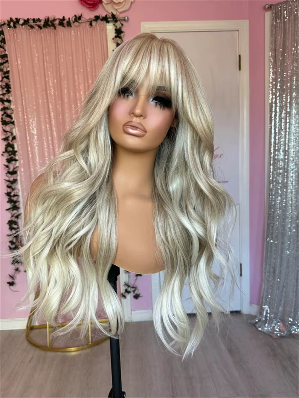 Perruque Lace Front Wig sans colle avec frange, 28 pouces, cheveux humains synthétiques de luxe, fib
