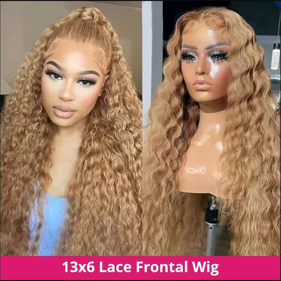 Perruques bouclées avant de dentelle blond miel cheveux humains vague profonde 13x6 HD perruques fro