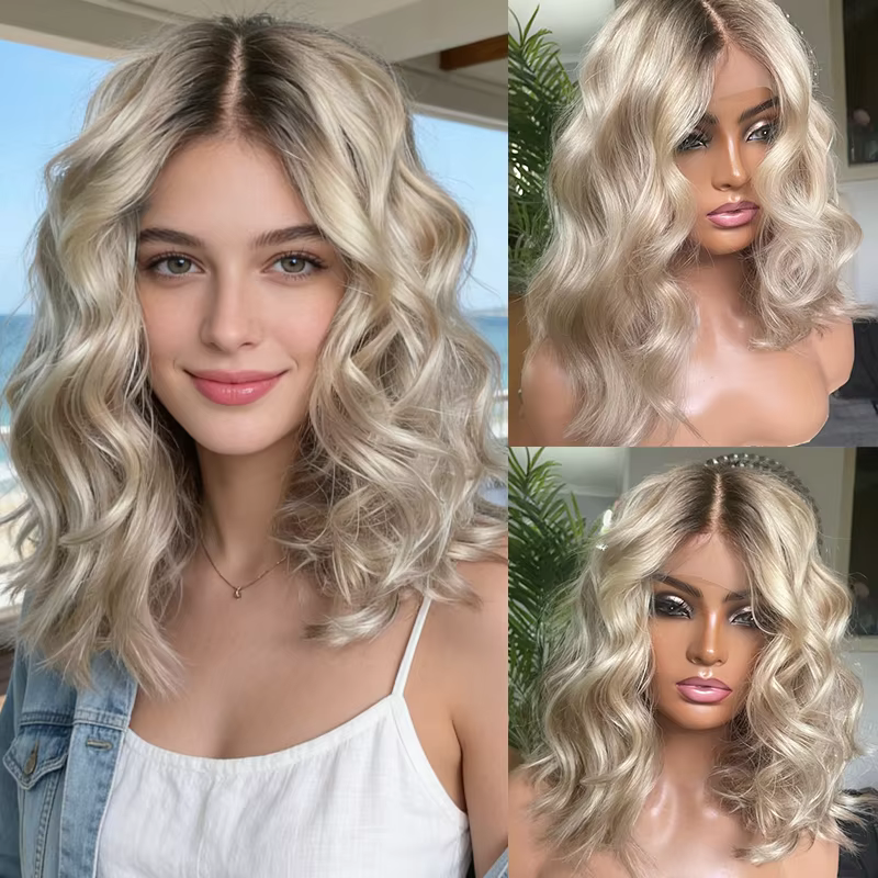 Perruques synthétiques Bob Loose Deep avec racines brunes et blond platine, perruques frontales en d