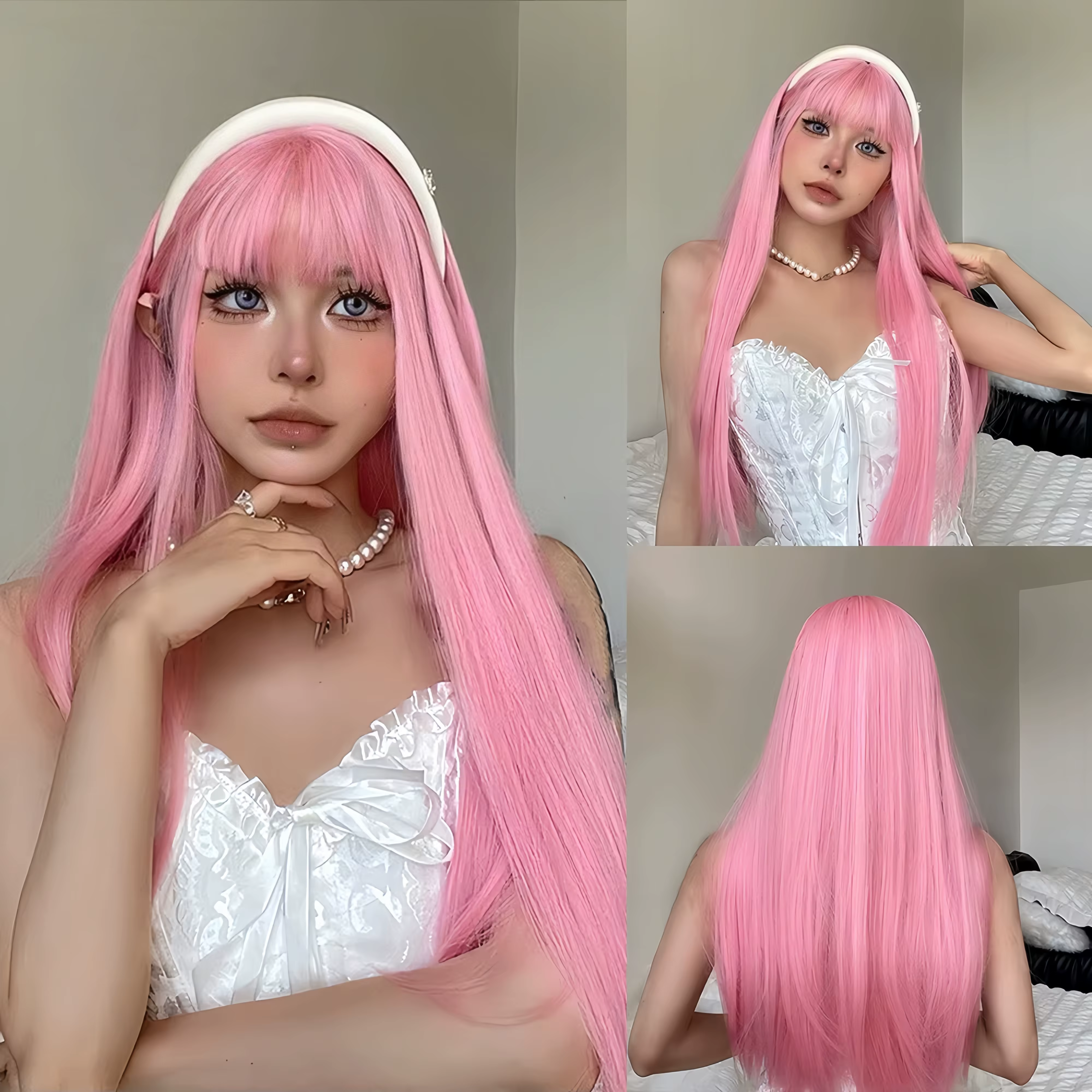 Perruque synthétique longue et lisse rose clair pour fête costumée de cosplay d'Halloween, usage quo