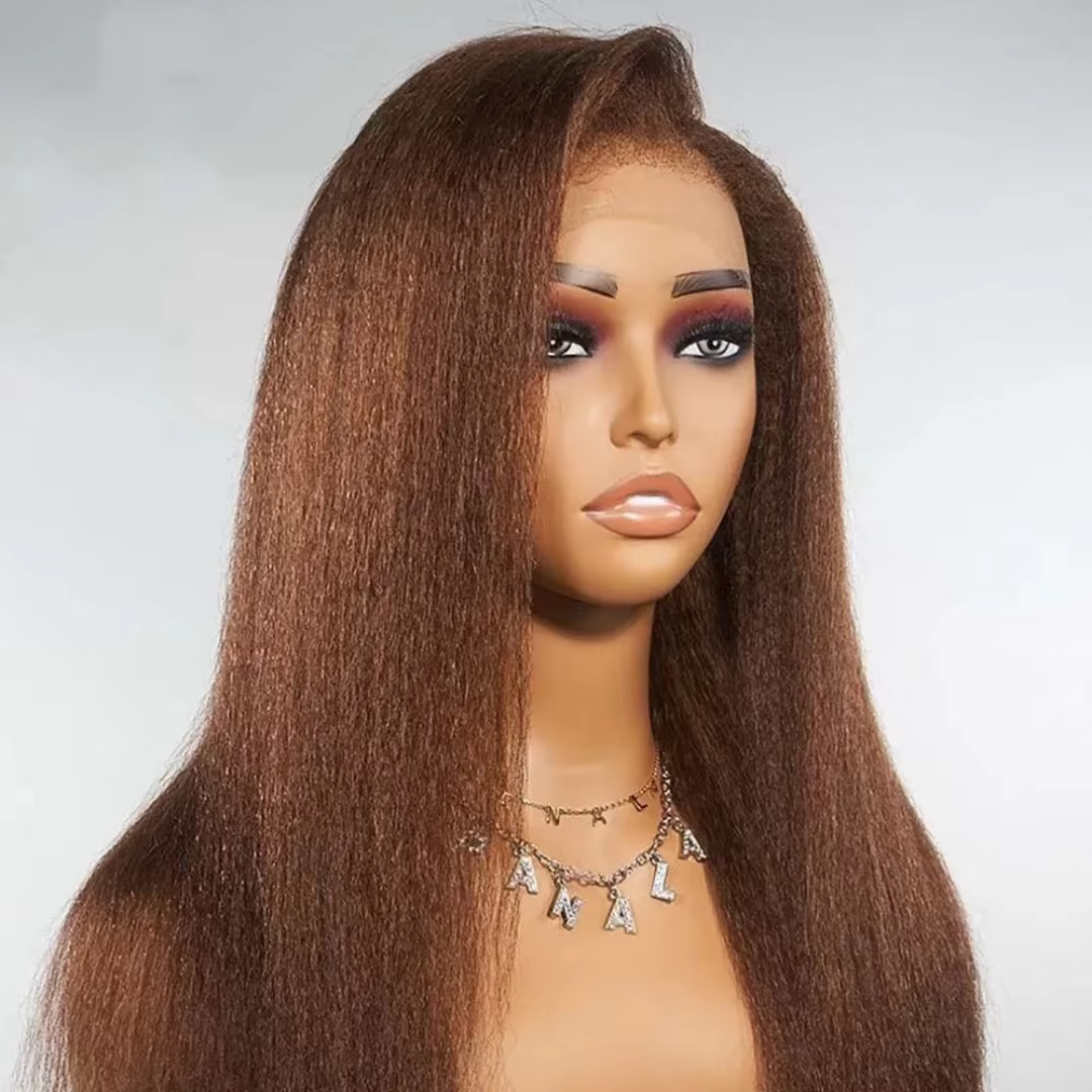 Perruque Lace Front Wig Yaki lisse et crépue sans colle, brune naturelle, douce, longue, 28 pouces, 