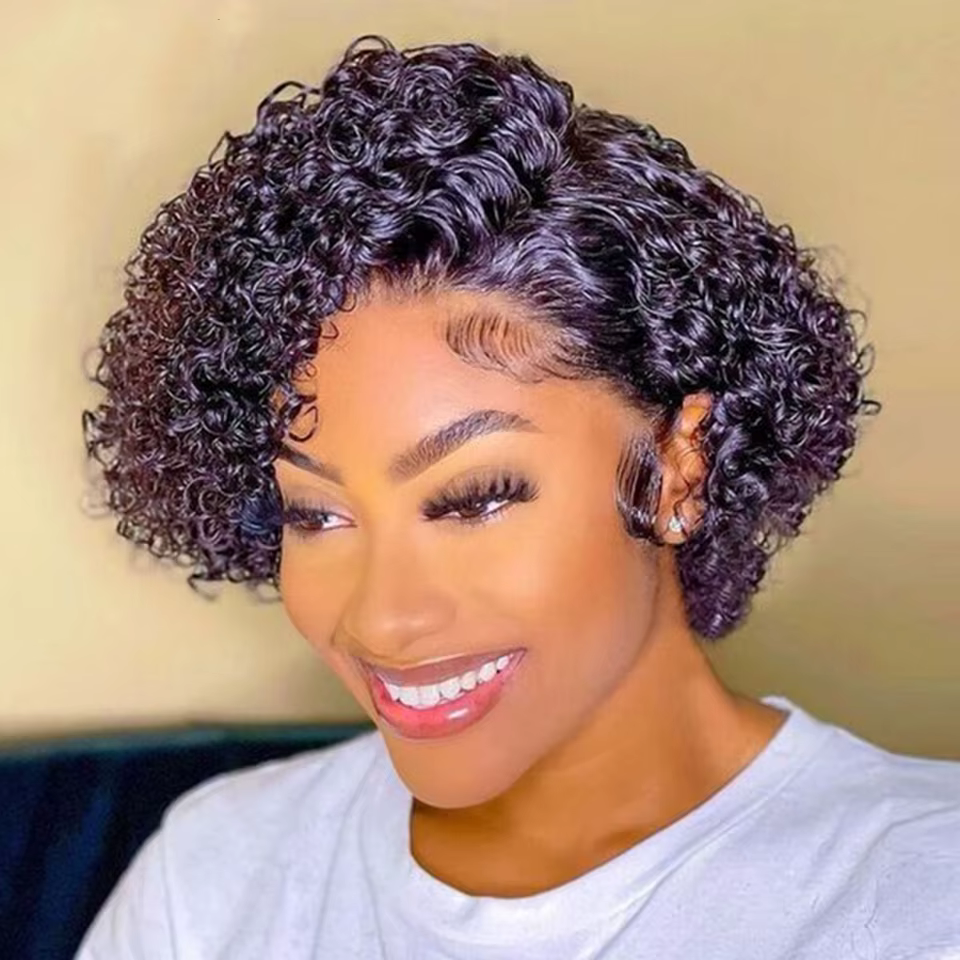 Perruque Bob courte coupe lutin perruque cheveux humains bouclés perruques pour femmes 13x6x1 dentel