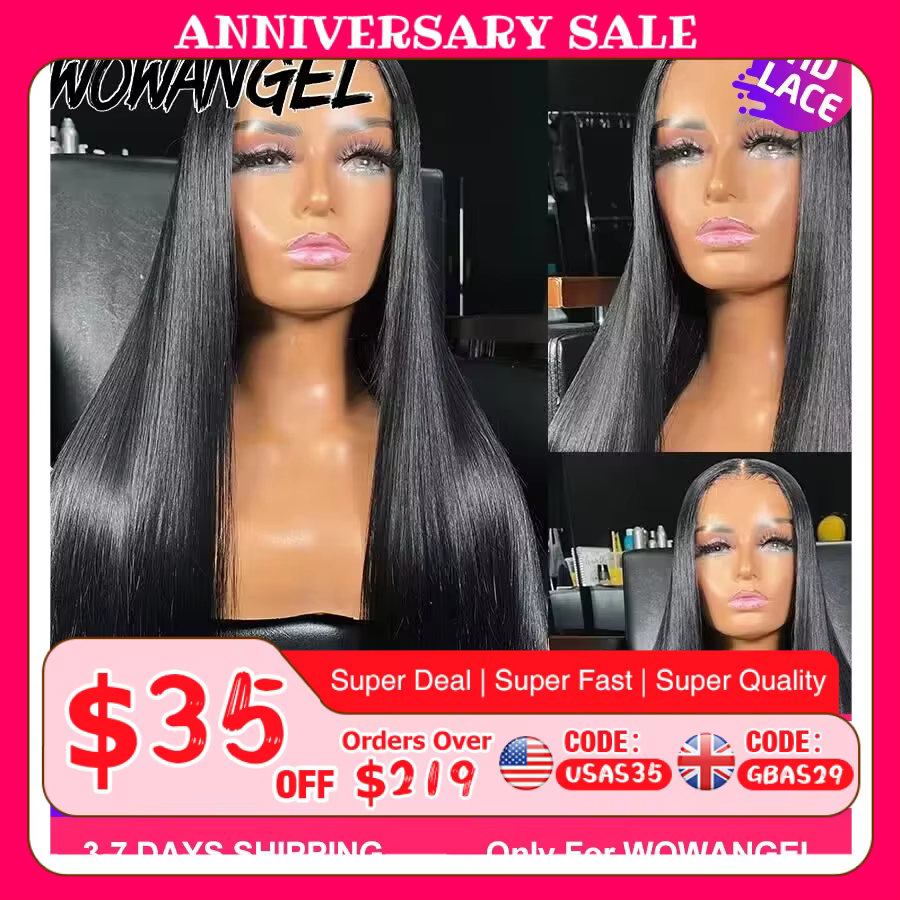 Wow Angel-Perruque sans colle noire de jais pour femme, fermeture à lacet HD, perruques de cheveux h