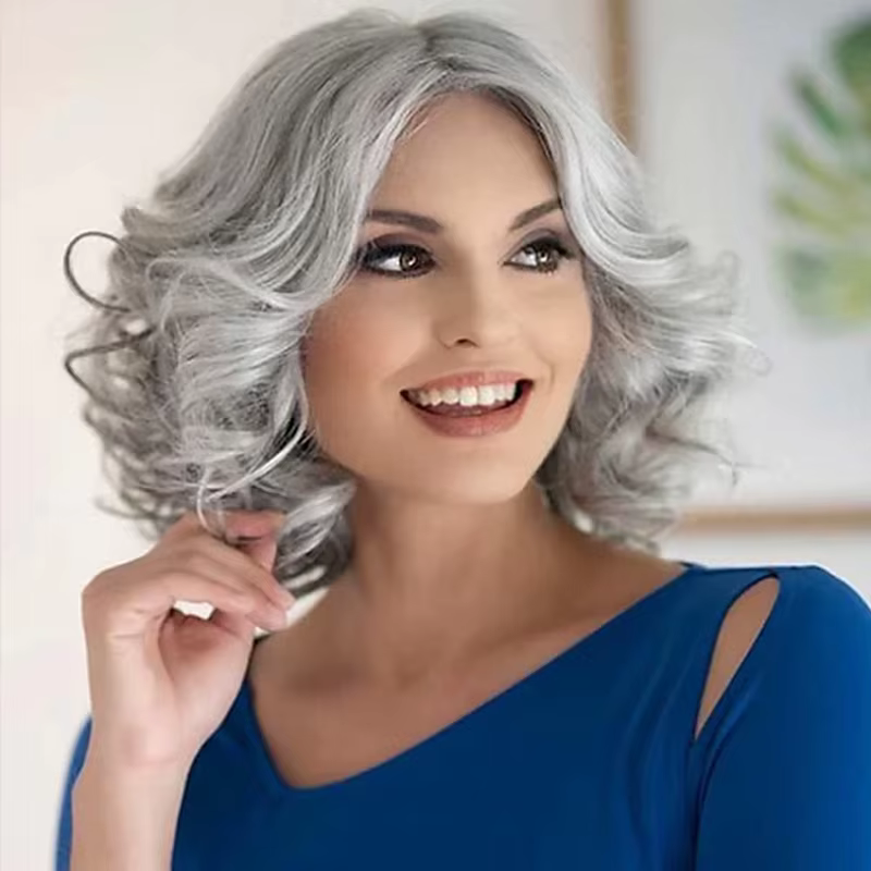 HAIRJOY Perruques synthétiques grises pour femmes âgées, perruques courtes bouclées grises argentées
