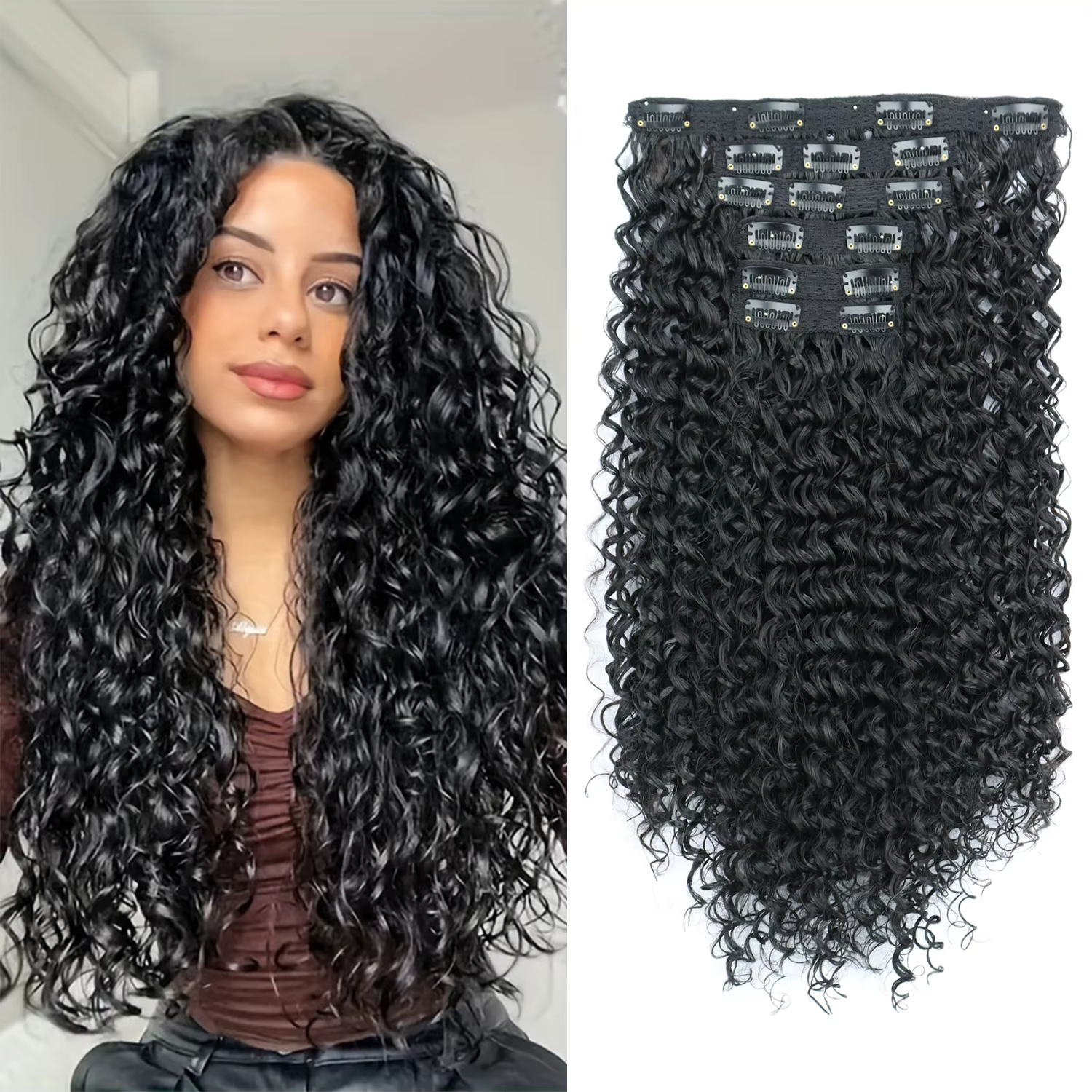 Extensions capillaires synthétiques crépues bouclées à 16 clips, fausses pièces à tête complète, noi