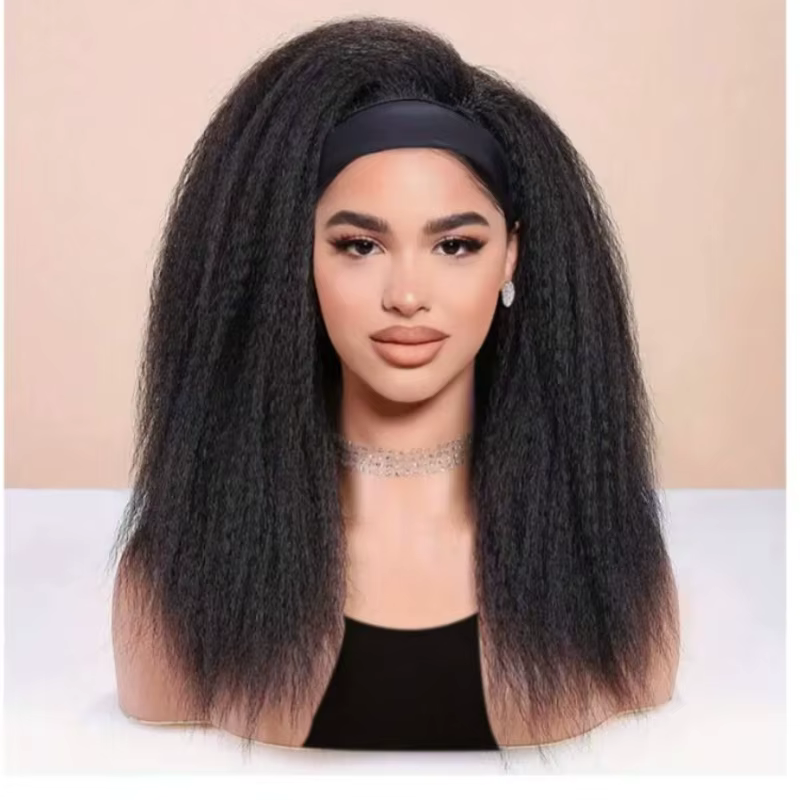 Perruques de cheveux longs et crépus lisses pour femmes noires, perruque bandeau synthétique, demi-p