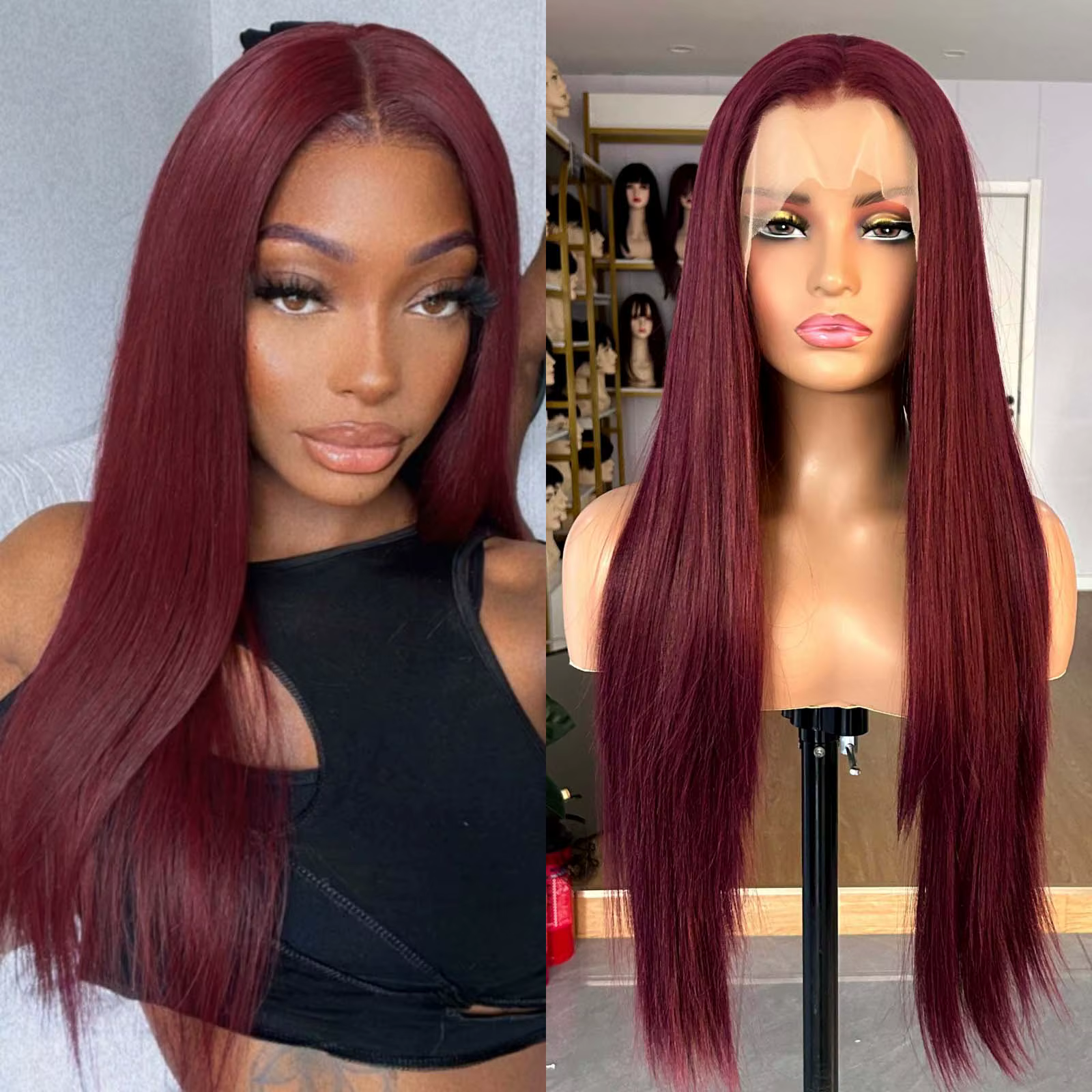 Perruque Lace Front Wig synthétique lisse et soyeuse-bordeaux, cheveux naturels, 13tage, rouge foncé