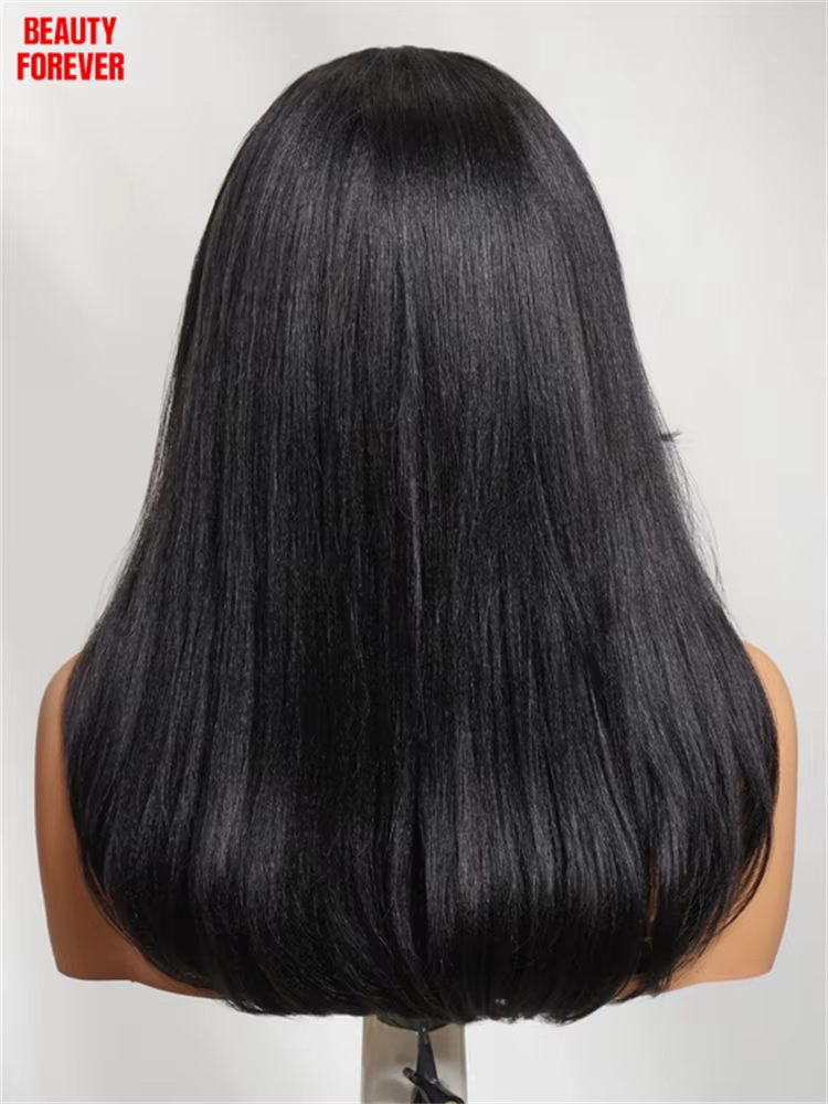 Perruque Beautyforever à franges latérales, lisse Yaki, sans colle, 100% cheveux humains, perruque e
