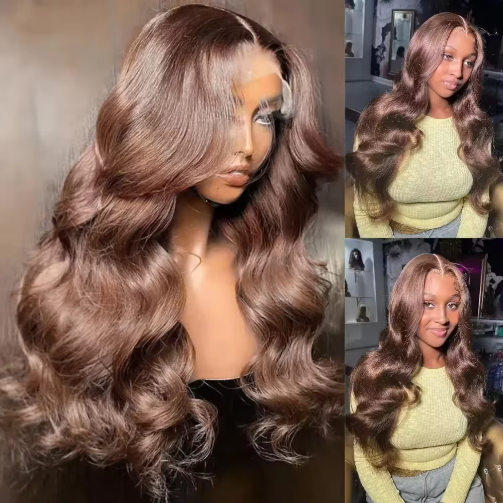 Perruque Lace Front Wig Body Wave Brésilienne Naturelle, Cheveux Humains, Brun Foncé, Chocolat, Pre-