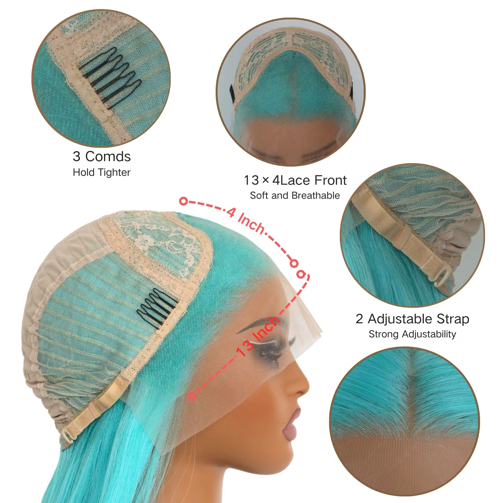 Perruque Lace Front Wig synthétique de couleur bleu menthe, cheveux longs et lisses de 24 pouces pou