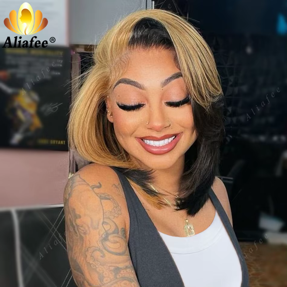 Perruque Bob Lace Wig Naturelle Lisse, Cheveux Courts, Blond Miel 1B, Densité 200%, 13 Tages, pour F