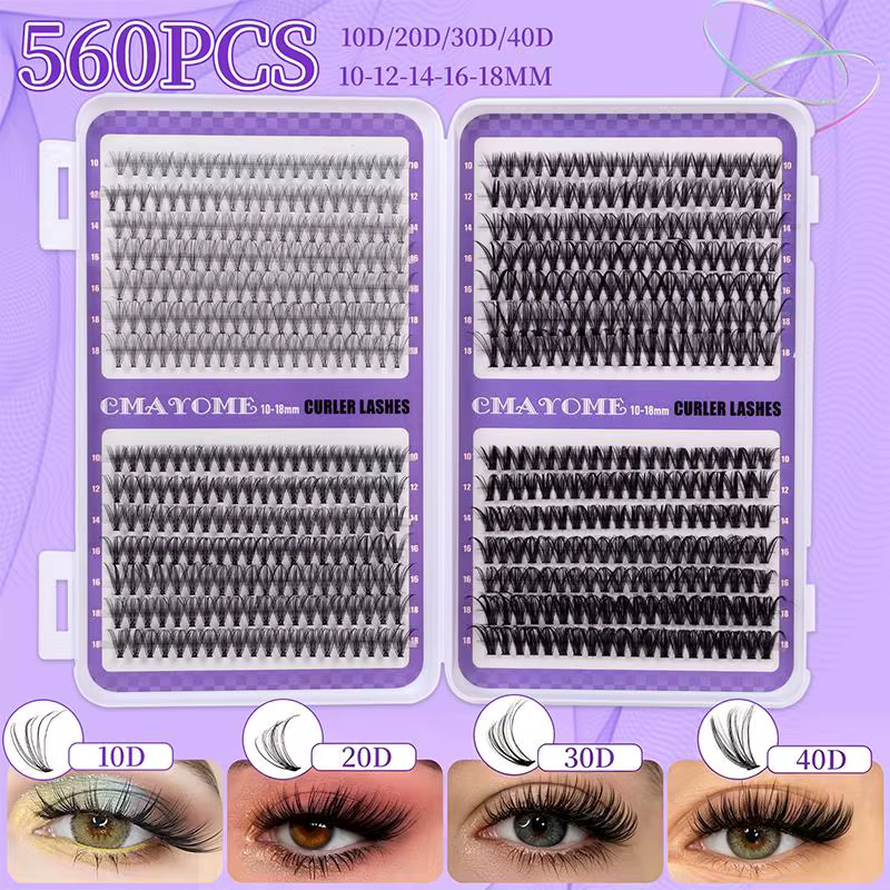 Extensions de cils en grappes DIY, plateau mixte de cils individuels volumineux, effet œil de chat